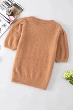 Light French Beige Fuzzy Short Sleeve Sweater - Fashionfitz
