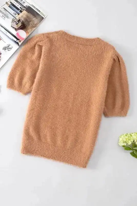 Light French Beige Fuzzy Short Sleeve Sweater - Fashionfitz