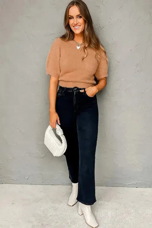 Light French Beige Fuzzy Short Sleeve Sweater - Fashionfitz