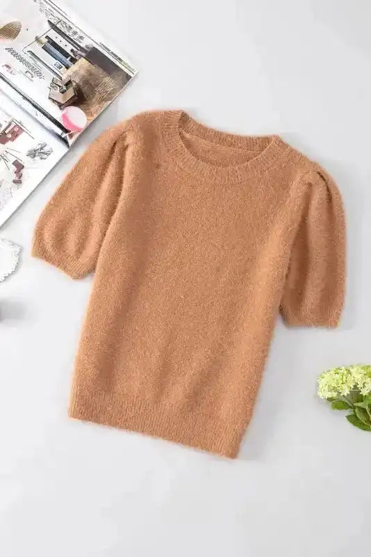 Light French Beige Fuzzy Short Sleeve Sweater - Fashionfitz