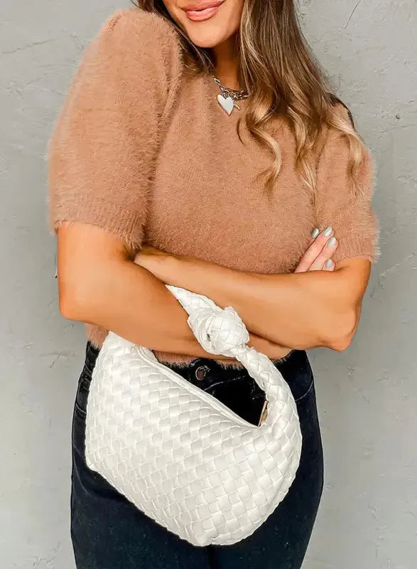 Light French Beige Fuzzy Short Sleeve Sweater - Fashionfitz