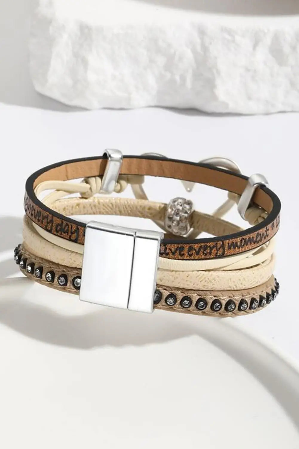 Light french beige heart shape magnetic buckle multi layered bracelet - one size / 95% pu + 5% alloy - bracelets