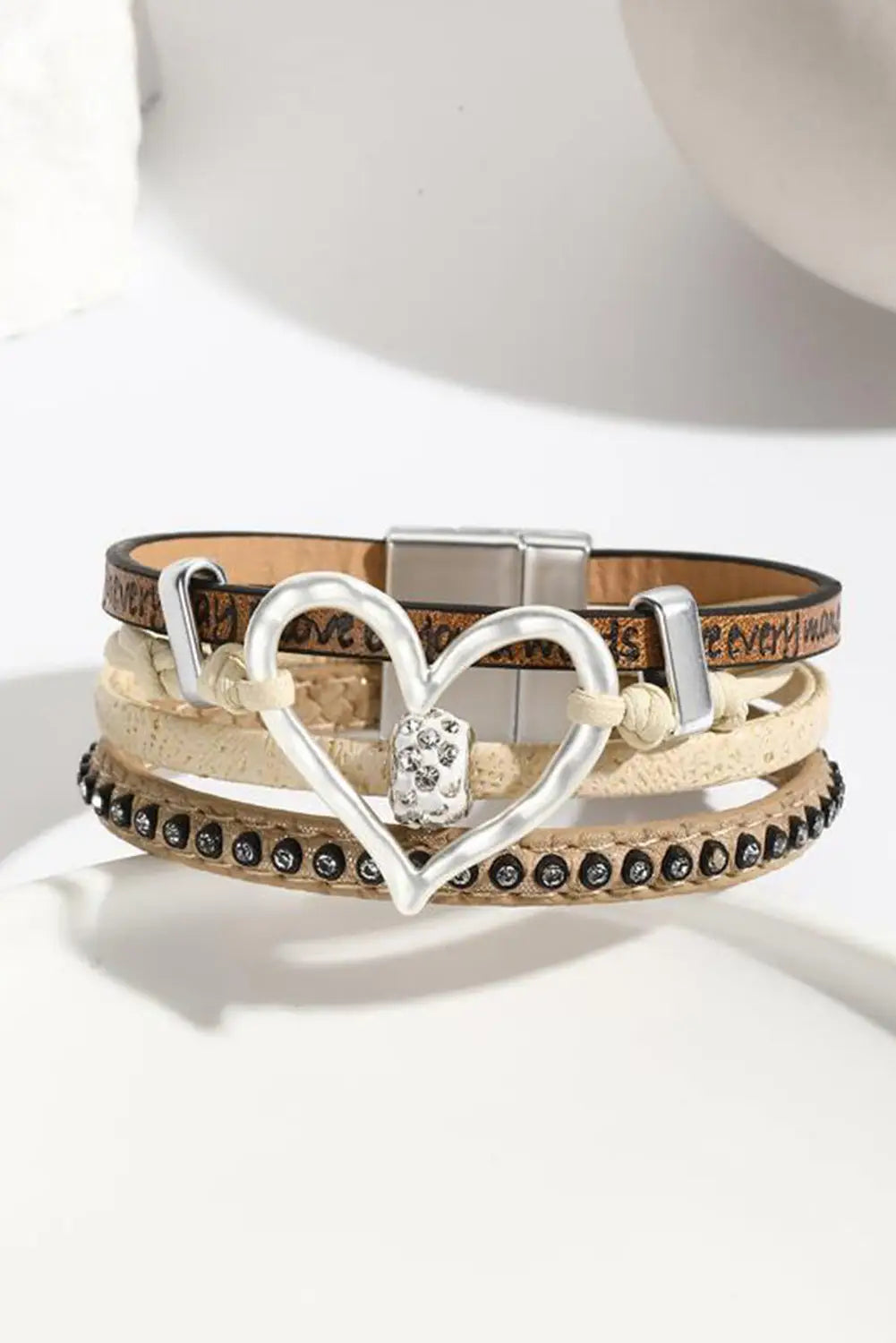 Light french beige heart shape magnetic buckle multi layered bracelet - one size / 95% pu + 5% alloy - bracelets