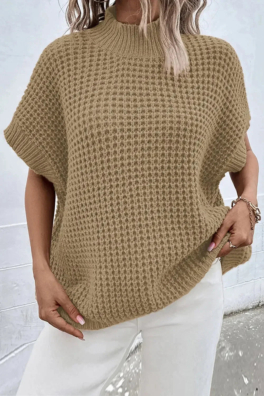 Light french beige high neck short batwing sleeve textured knit sweater - l / 100% acrylic - sweaters & cardigans