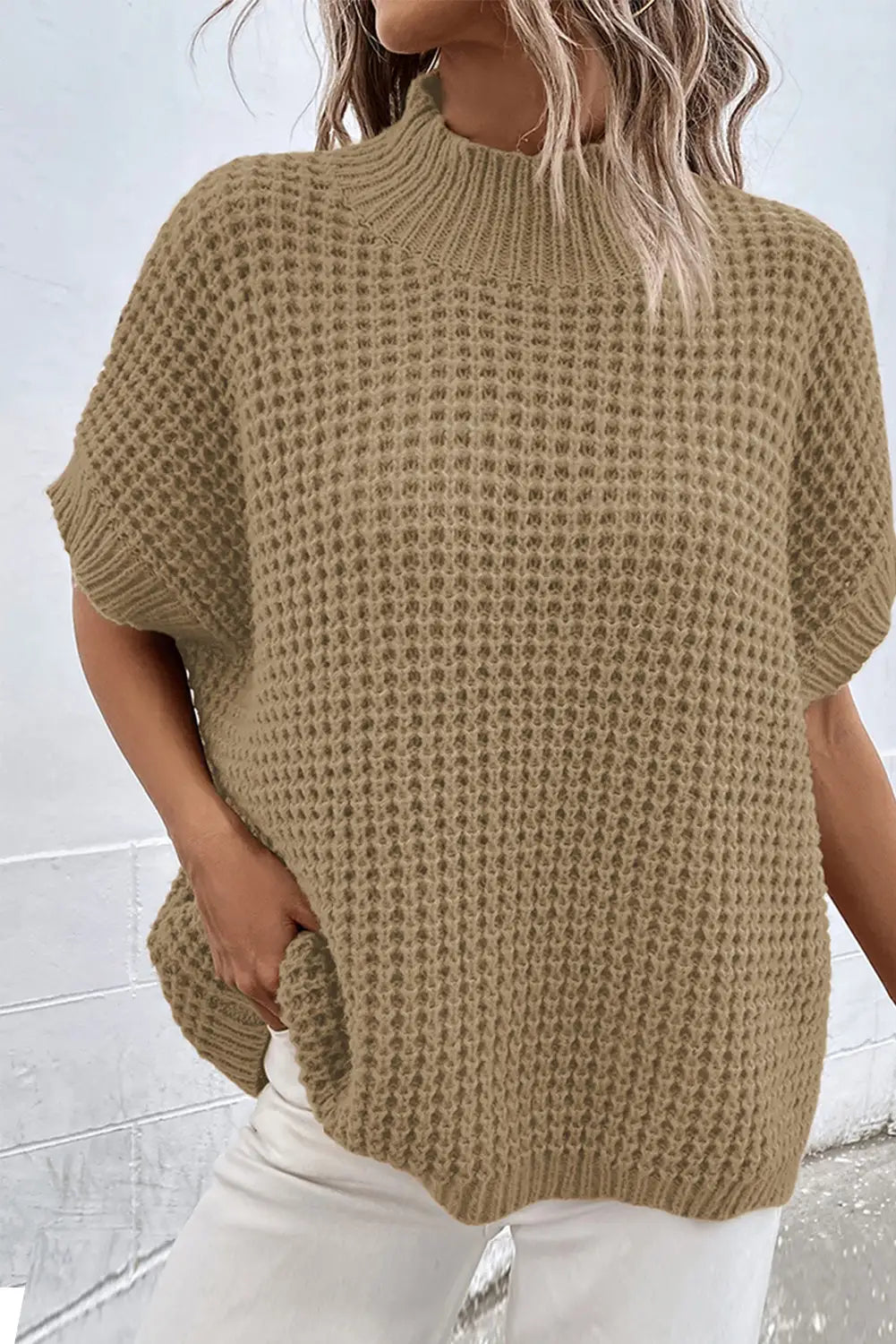 Light french beige high neck short batwing sleeve textured knit sweater - sweaters & cardigans