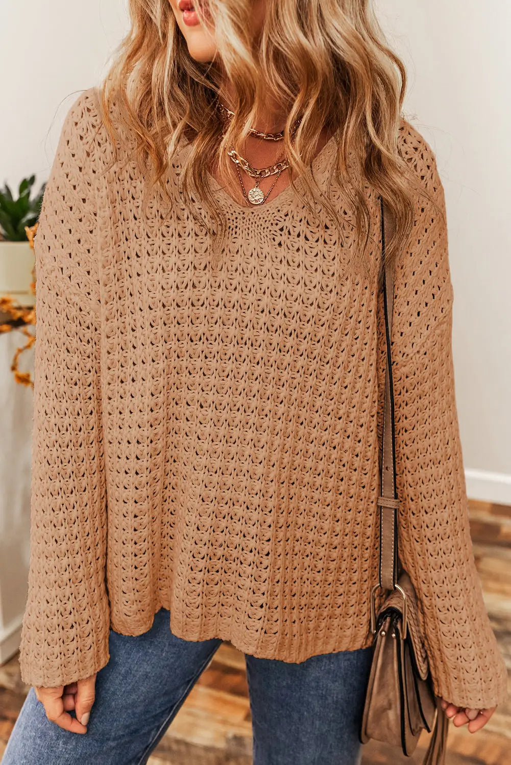 Light french beige hollow-out crochet v neck sweater - s /