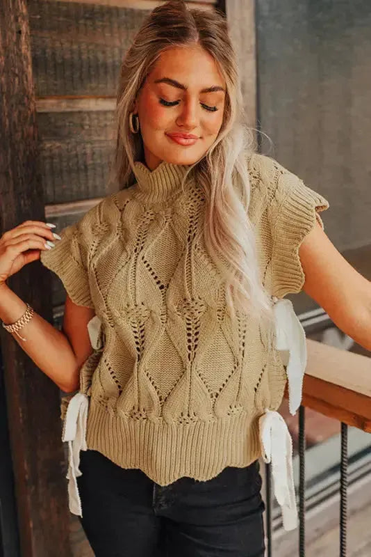 Light French Beige Hollowed Knit Scalloped Trim High Neck Sweater - Fashionfitz