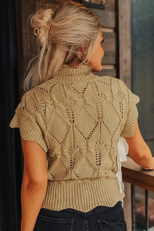 Light French Beige Hollowed Knit Scalloped Trim High Neck Sweater - Fashionfitz