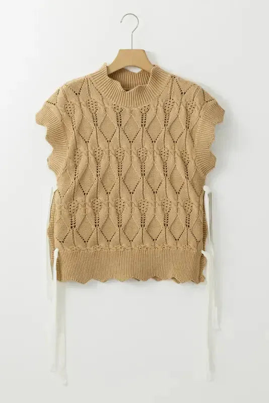Light French Beige Hollowed Knit Scalloped Trim High Neck Sweater - Fashionfitz