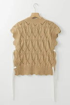Light French Beige Hollowed Knit Scalloped Trim High Neck Sweater - Fashionfitz