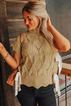 Light French Beige Hollowed Knit Scalloped Trim High Neck Sweater - Fashionfitz
