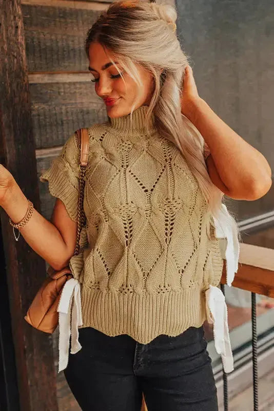 Light French Beige Hollowed Knit Scalloped Trim High Neck Sweater - Fashionfitz