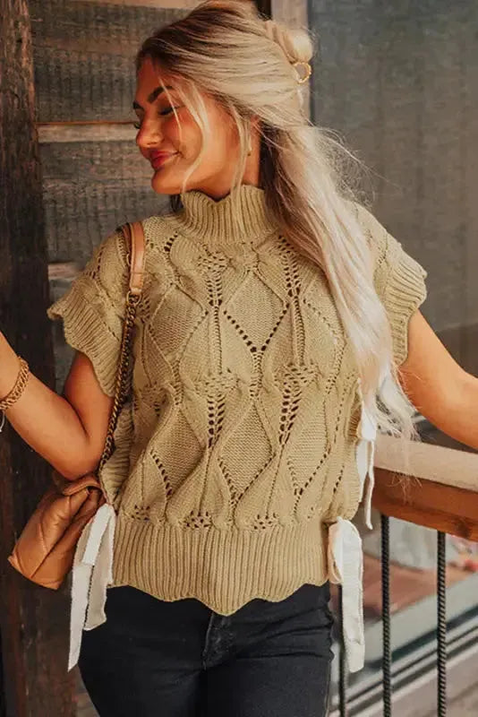 Light French Beige Hollowed Knit Scalloped Trim High Neck Sweater - Fashionfitz