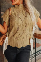 Light French Beige Hollowed Knit Scalloped Trim High Neck Sweater - Fashionfitz
