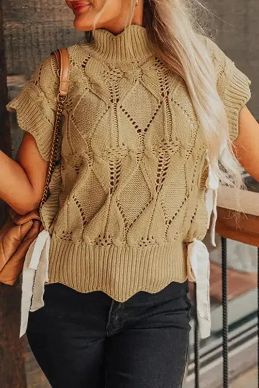 Light French Beige Hollowed Knit Scalloped Trim High Neck Sweater - Fashionfitz