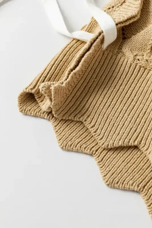 Light French Beige Hollowed Knit Scalloped Trim High Neck Sweater - Fashionfitz