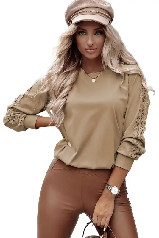 Light french beige lace crochet patched crew neck top - long sleeve tops