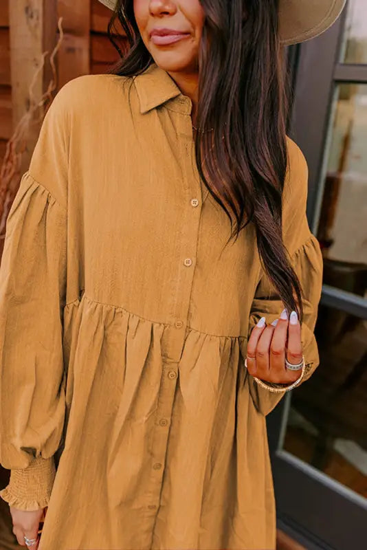 Light french beige loose bishop sleeve shirt dress - mini dresses