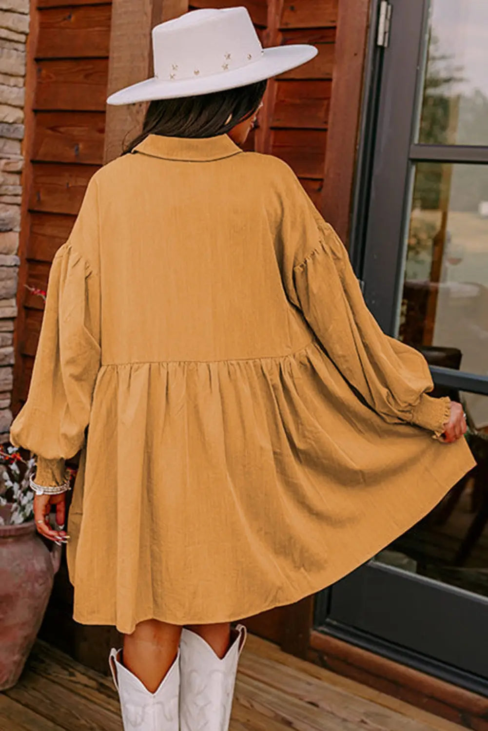 Light french beige loose bishop sleeve shirt dress - dresses