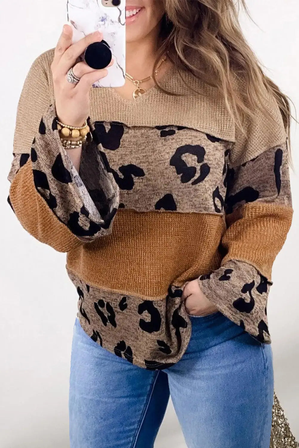 Light french beige plus size leopard colorblock patchwork wide sleeve top - 1x / 85% polyester + 15% elastane