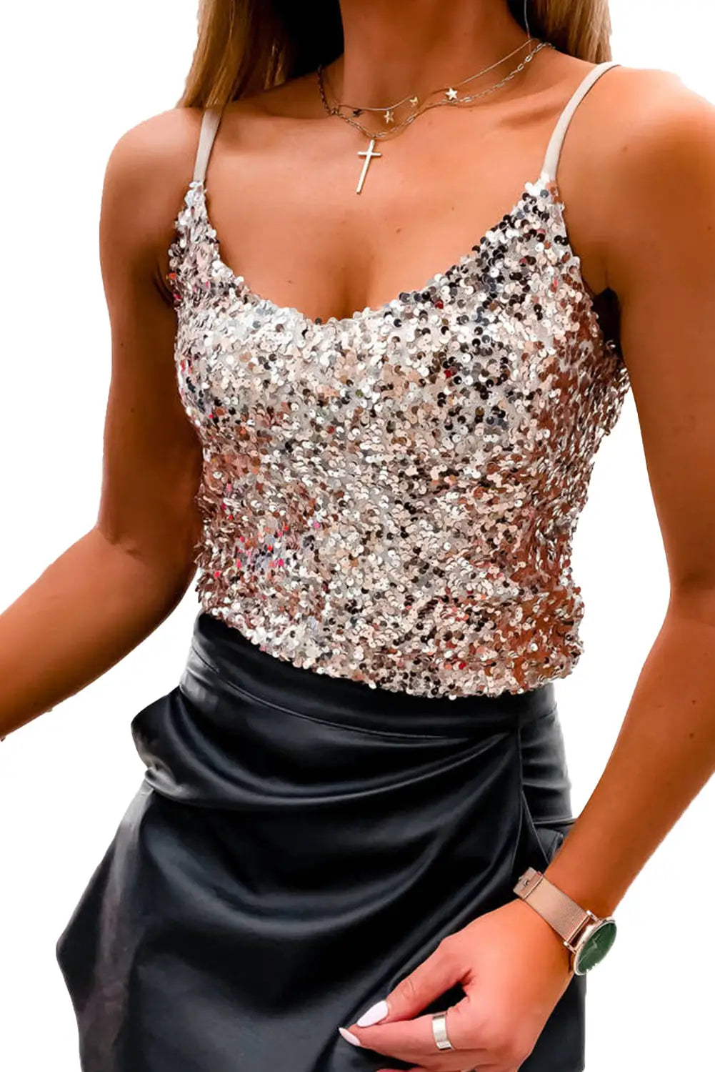 Light french beige sequined adjustable spaghetti straps tank
