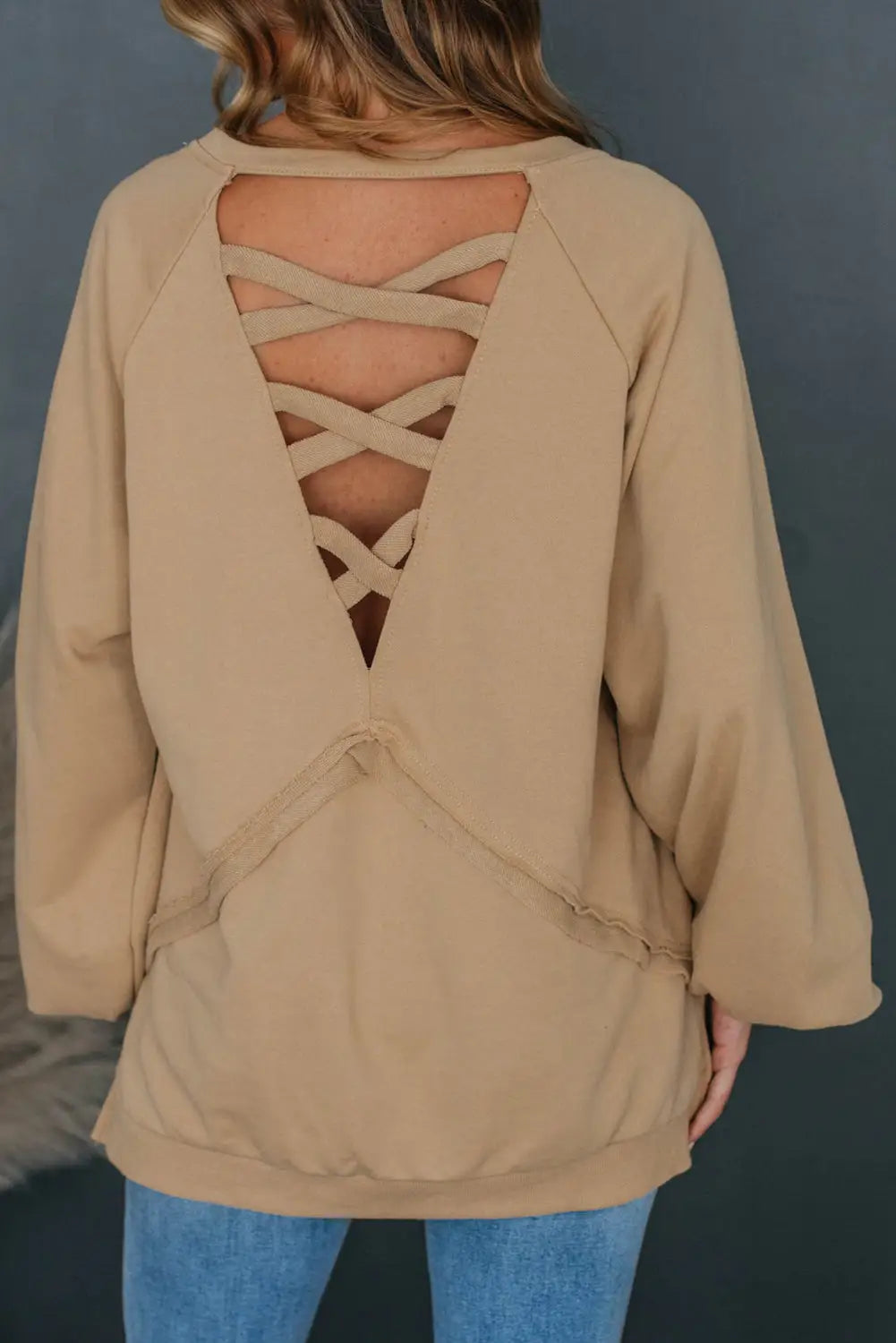 Light french beige solid color lattice hollow out back sweatshirt - l / 65% polyester + 35% cotton - sweatshirts &