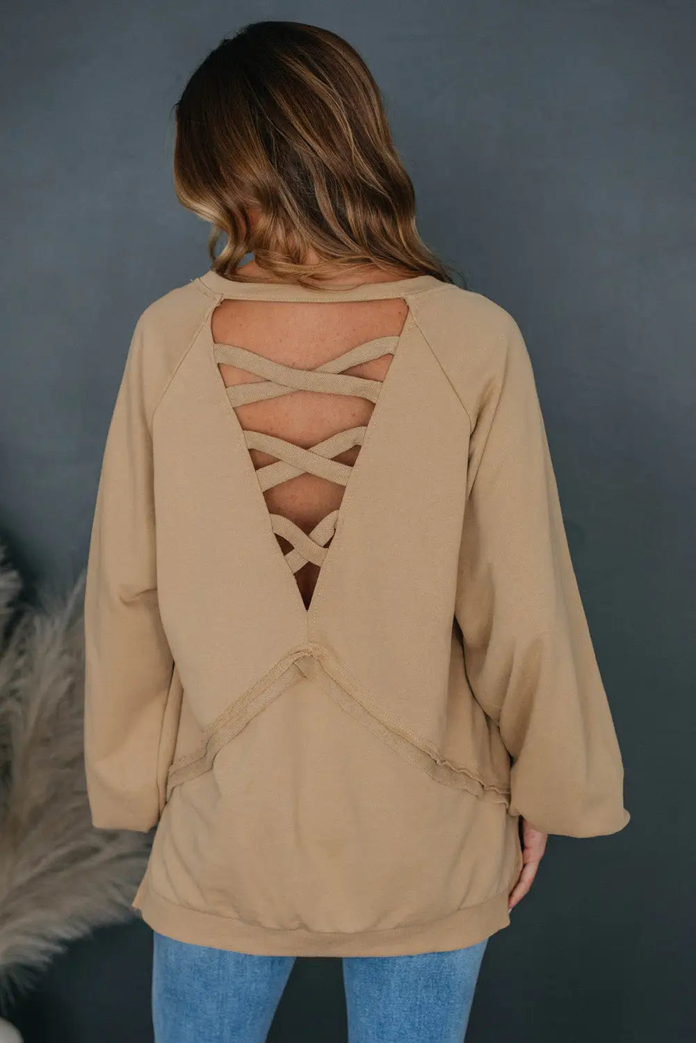 Light french beige solid color lattice hollow out back sweatshirt - sweatshirts & hoodies