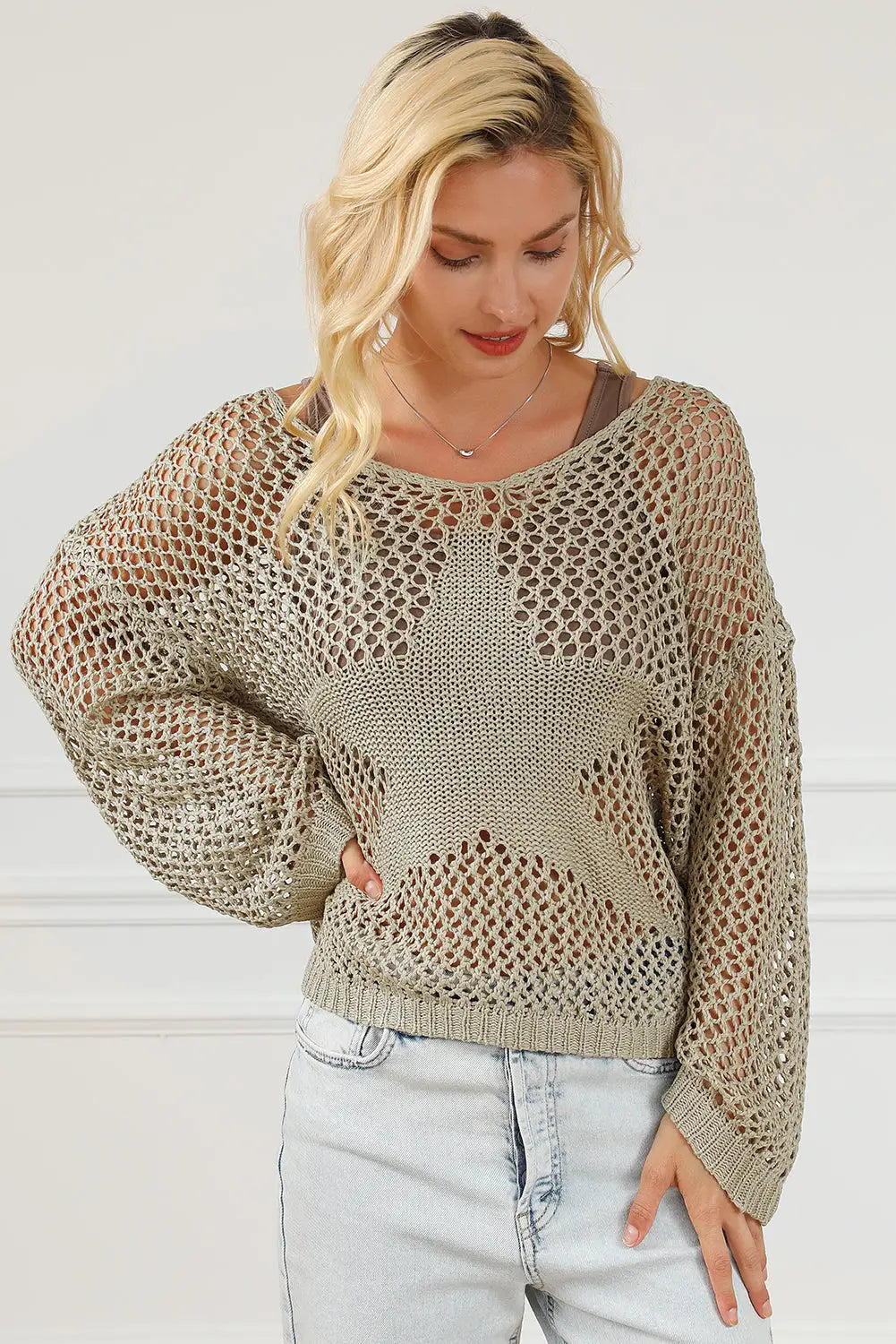 Light french beige star pointelle knit baggy sweater - tops