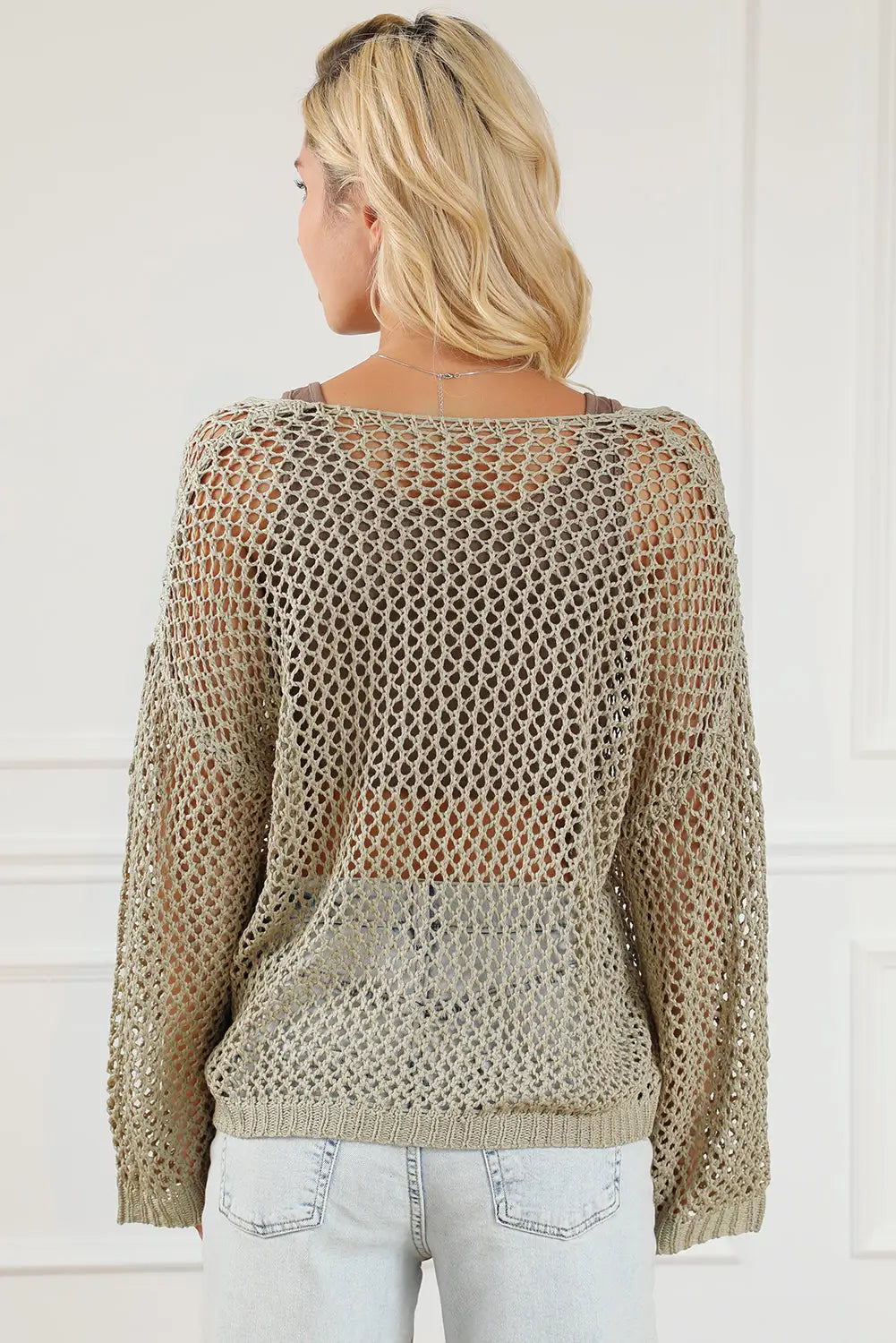Light french beige star pointelle knit baggy sweater - tops