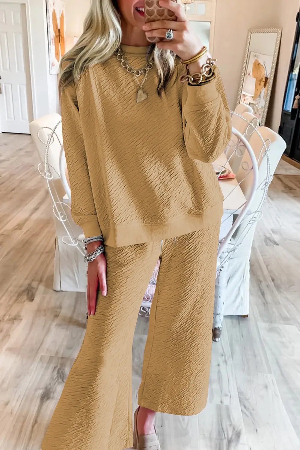 Light french beige textured long sleeve top drawstring pants set - sets