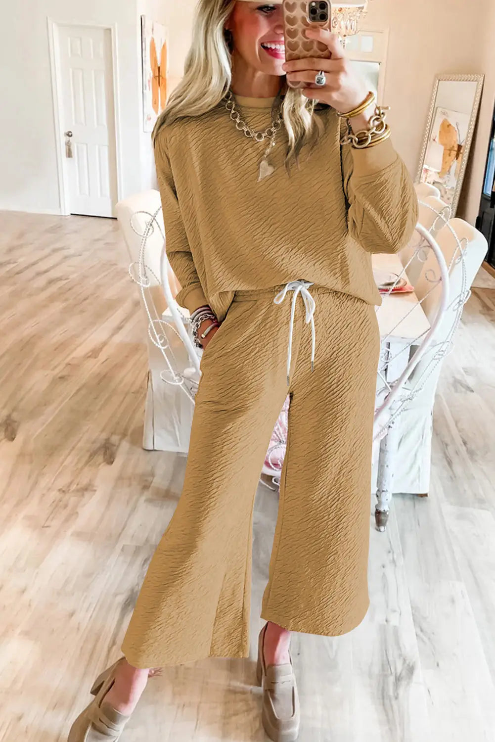 Light french beige textured long sleeve top drawstring pants set - sets