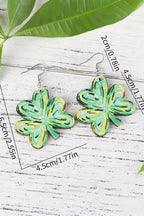Light Green St. Patrick Painted Shamrock Shape Drop Earrings with size dimensions, highlighting festive design and earring measurements.