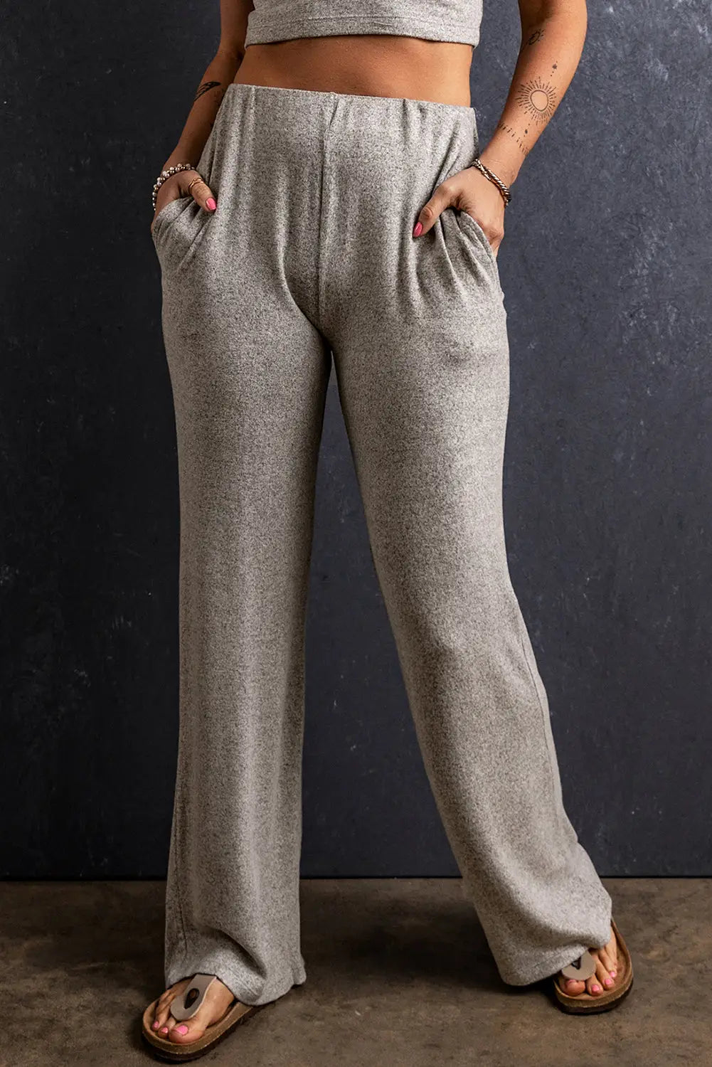 Light grey elastic waist loose straight pants - lounge trousers