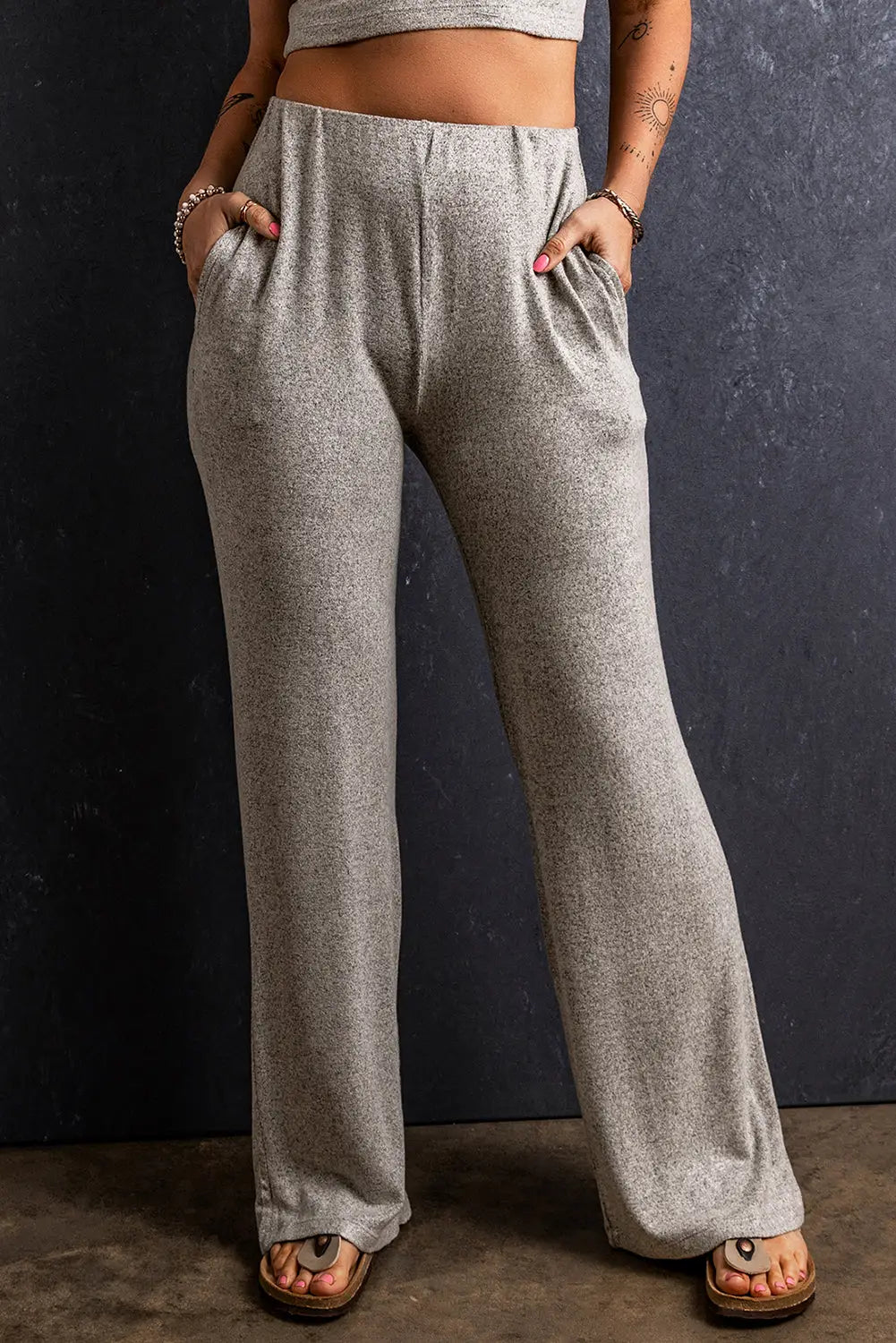 Light grey elastic waist loose straight pants - s / 93% viscose + 7% elastane - lounge trousers