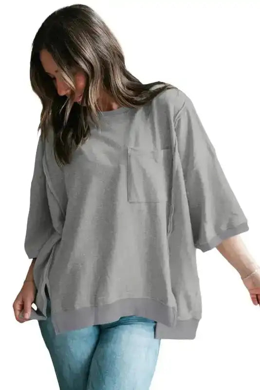 Light Grey Exposed Seam Loose T Shirt - Fashionfitz