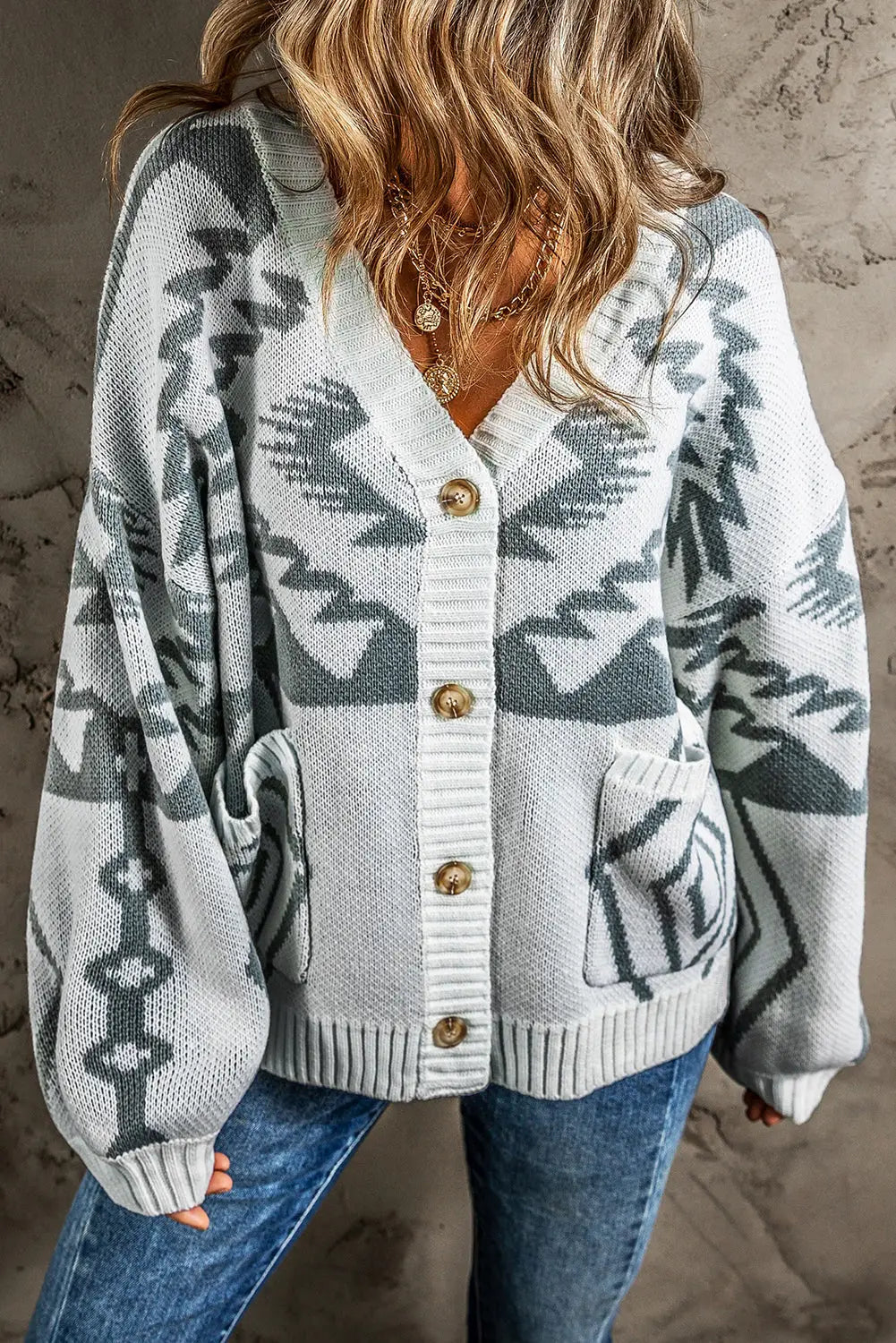 Light grey geometric pattern ribbed trim button-up cardigan - s / 60% cotton + 40% acrylic - sweaters & cardigans