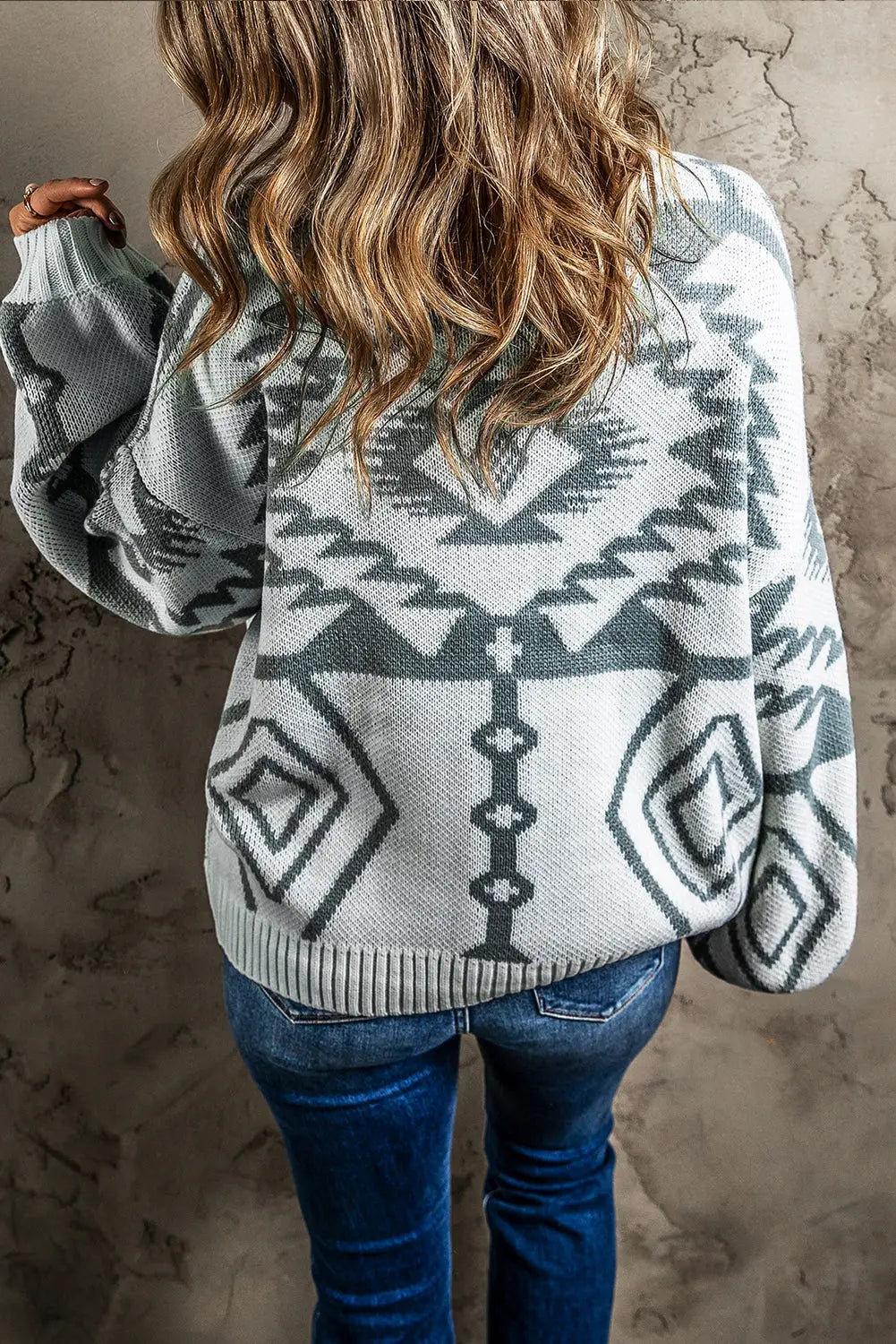 Light grey geometric pattern ribbed trim button-up cardigan - sweaters & cardigans