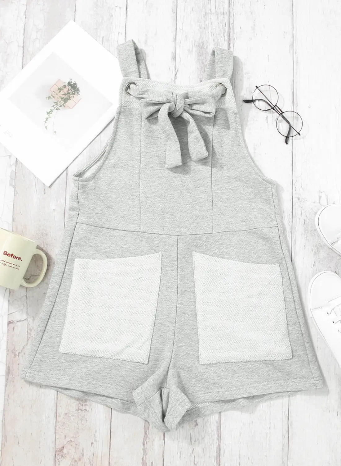 Light grey knotted straps patch pockets terry knit romper -