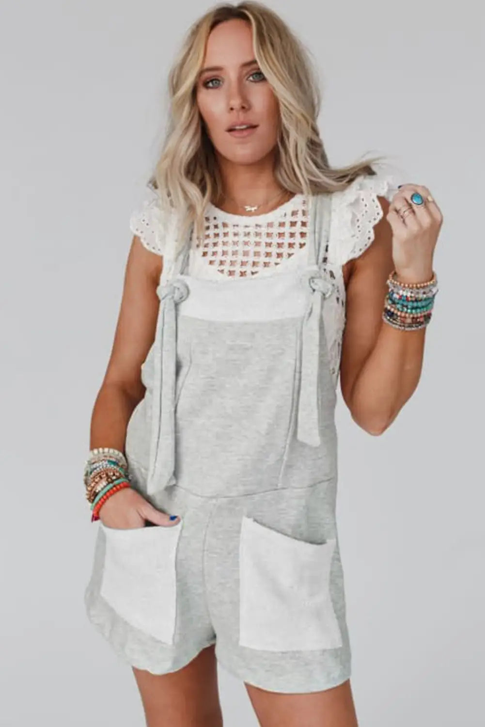 Light grey knotted straps patch pockets terry knit romper -