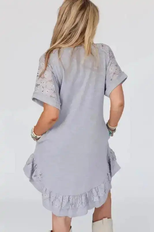 Light Grey Lace Floral Patchwork Ruffled T-shirt Dress - Fashionfitz
