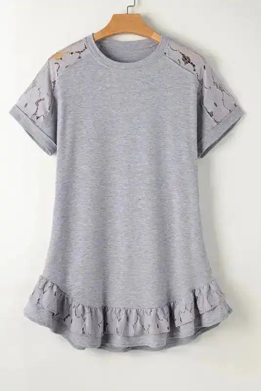 Light Grey Lace Floral Patchwork Ruffled T-shirt Dress - Fashionfitz