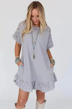 Light Grey Lace Floral Patchwork Ruffled T-shirt Dress - Fashionfitz