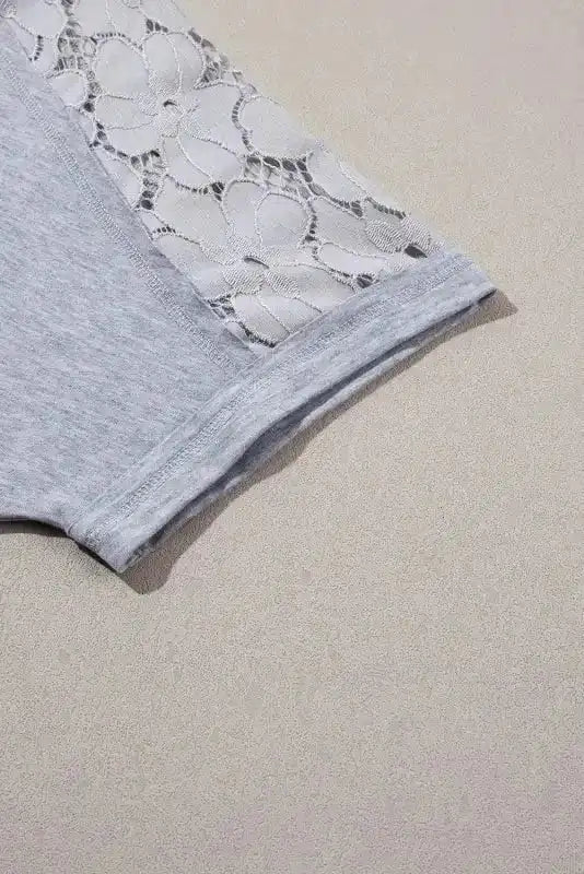 Light Grey Lace Floral Patchwork Ruffled T-shirt Dress - Fashionfitz