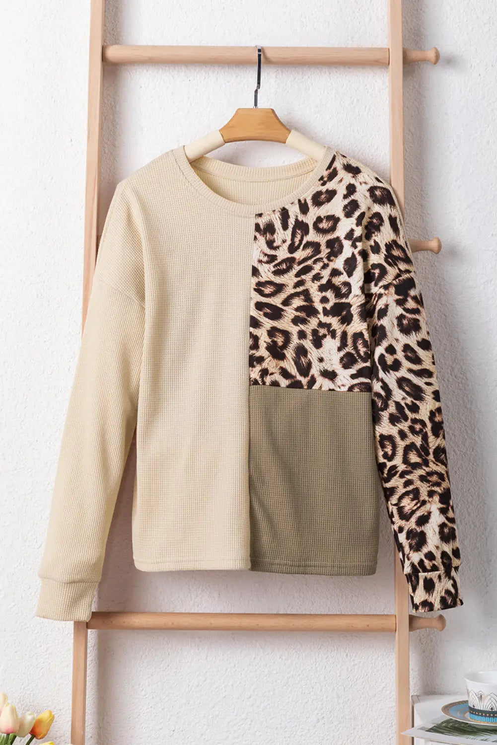Light grey leopard colorblock waffle knit top - tops