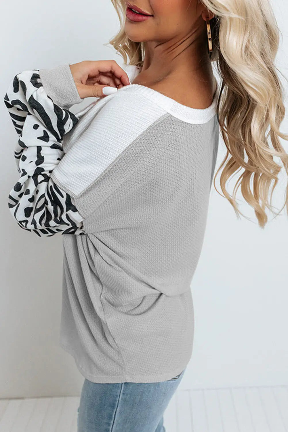 Light grey leopard sleeve patchwork waffle knit top - tops