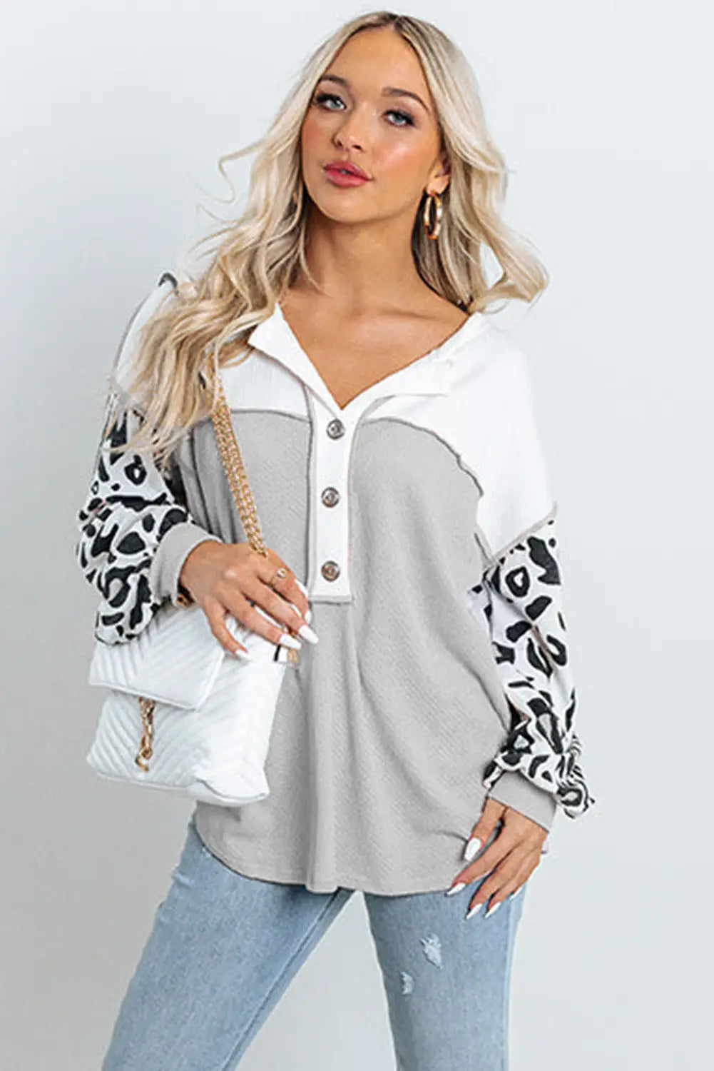 Light grey leopard sleeve patchwork waffle knit top - tops
