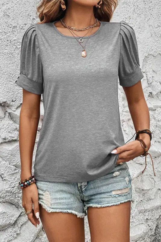 Light grey pleated puff sleeve knit tee - t-shirts