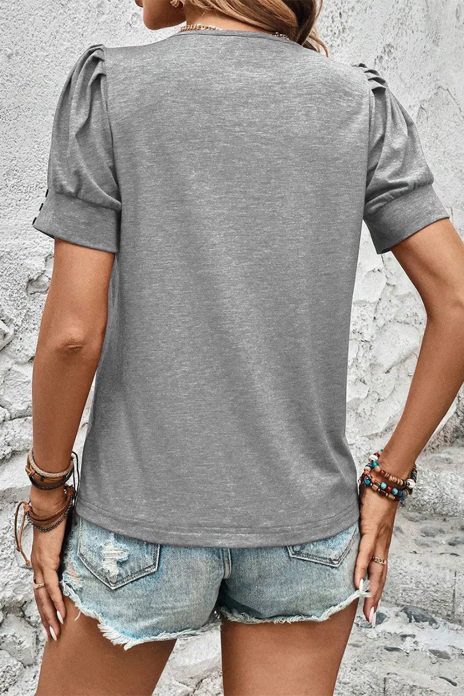 Light grey pleated puff sleeve knit tee - t-shirts