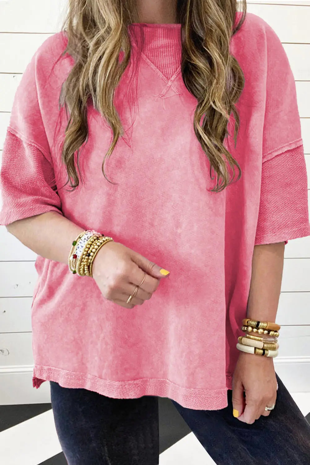 Light grey plus tee - mineral wash drop sleeve patchwork - strawberry pink / 1x / 85% cotton + 15% polyester - size