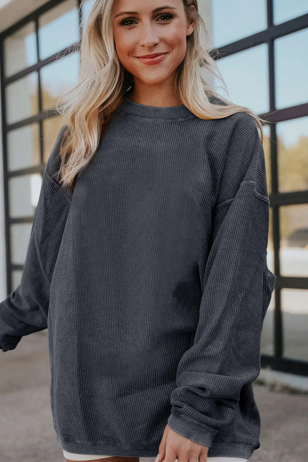 Light grey ribbed corded oversized sweatshirt - tops
